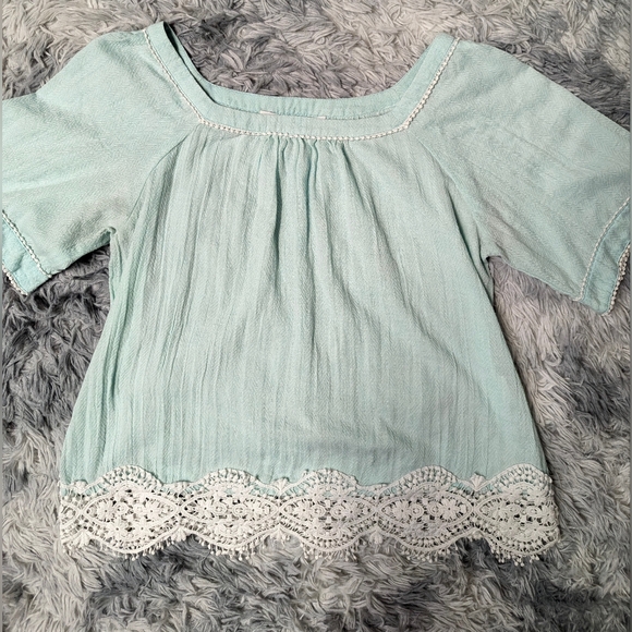 Collective Concepts Tops - Collective Concepts Boho Crochet Lace Hem Top Mint Green Size L